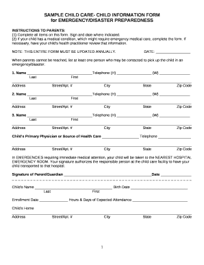 SAMPLE CHILD CARE- CHILD INFORMATION FORM