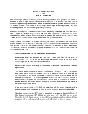 The Southbridge Retirement Board (SRB) is seeking proposals from qualified law firms or attorneys to provide legal services on behalf of the SRB, on an as needed basis, with specific experience representing Massachusetts public retirement