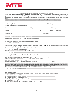 MTE CORPORATION APPLICATION FOR EMPLOYMENT