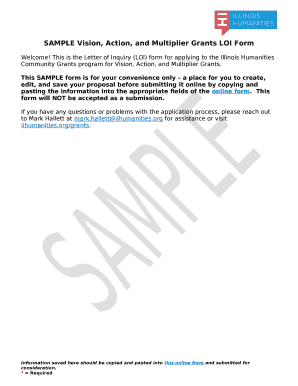 This is the Letter of Inquiry (LOI) form for applying to the Illinois Humanities Community Grants program for Vision, Action, and Multiplier Grants