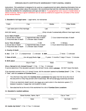 Instructions: This worksheet is designed to be used as a supplemental tool when obtaining information from an informant or family member about the decedent