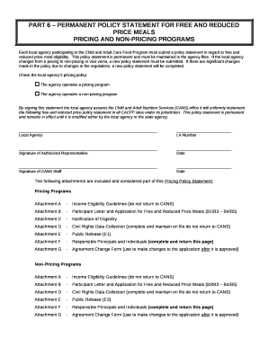 PART 6 PERMANENT POLICY STATEMENT FOR FREE AND REDUCED PRICE MEALS