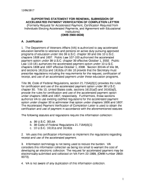 SUPPORTING STATEMENT FOR RENEWAL SUBMISSION OF ACCELERATED PAYMENT VERIFICATION OF COMPLETION LETTER (Formerly Request for Accelerated Payment, Certification Required from Individuals Electing Accelerated Payments, and Agreement with