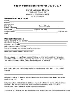 Youth Permission Form for 2016-2017