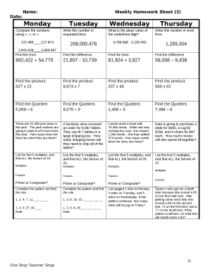 weekly homework sheet three