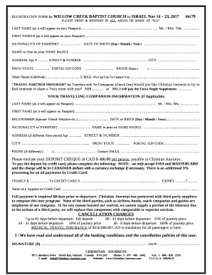 REGISTRATION FORM for WILLOW CREEK BAPTIST CHURCH to ISRAEL Nov 14 23, 2017#6179