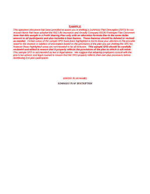 This specimen document has been provided to assist you in drafting a Summary Plan Description (SPD) for our mutual clients that have adopted the ING Life Insurance and Annuity Company 401(k) Prototype Plan Document