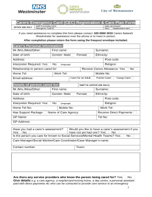 Carers Emergency Card (CEC) Registration & Care Plan Form