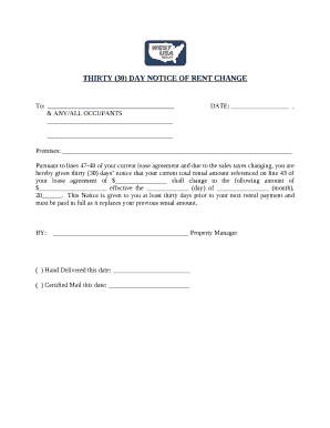 THIRTY (30) DAY NOTICE OF RENT CHANGE Doc Template | pdfFiller