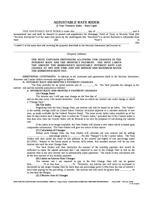 THIS ADJUSTABLE RATE RIDER is made this day of , , and is incorporated into and shall be deemed to amend and supplement the Mortgage, Deed of Trust, or Security Deed (the Security Instrument) of the same date given by the undersigned (the