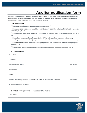 This form must be used by auditors approved under Chapter 12 Part 3A of the Environmental Protection Act 1994 to notify the administering authority of a matter, as required by the Queensland Auditor Handbook for Contaminated Land- Module 4: