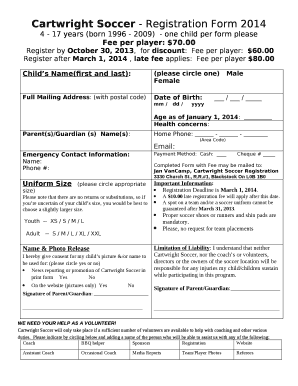 Cartwright Soccer - Registration Form 2014