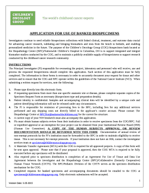 APPLICATION FOR USE OF BANKED BIOSPECIMENS