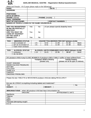 BARLOW MEDICAL CENTRE Registration Medical Questionnaire