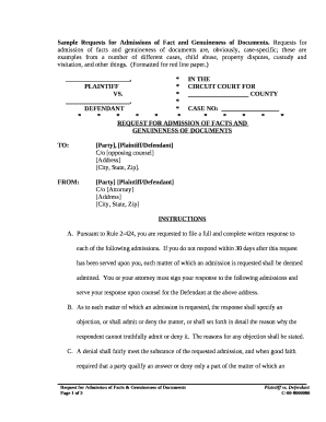 Sample Requests for Admissions of Fact and Genuineness of Documents