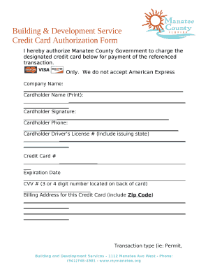 I hereby authorize Manatee County Government to charge the designated credit card below for payment of the referenced transaction