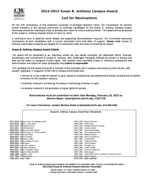 On the 37th anniversary of this important University of Michigan-Dearborn honor, the Commission for Women invites members of the campus community to nominate candidates for the Susan B