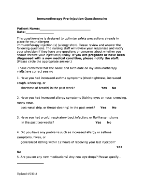 Immunotherapy Pre-Injection Questionnaire