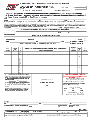 STRAIGHT BILL OF LADING- SHORT FORM- Original- Not Negotiable