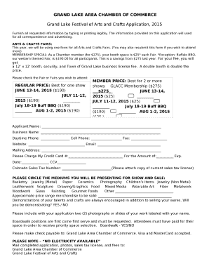 Grand Lake Festival of Arts and Crafts Application, 2015