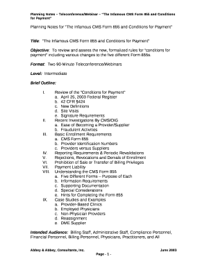 Planning Notes for The Infamous CMS Form 855 and Conditions for Payment