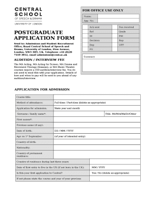 Send to: Admissions and Student Recruitment Office, Royal Central School of Speech and Drama, University of London, Eton Avenue, London, NW3 3HY, UK