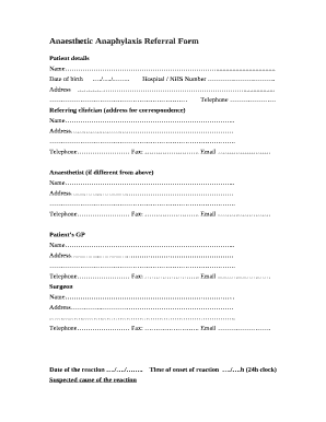 Anaesthetic Anaphylaxis Referral Form