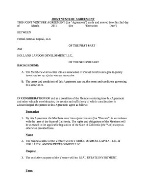 THIS JOINT VENTURE AGREEMENT (the "Agreement") made and entered into this 2nd day of March, 2011 (the "Execution Date")