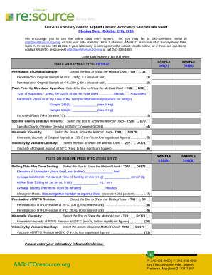 Fall 2016 Viscosity Graded Asphalt Cement Proficiency Sample Data Sheet