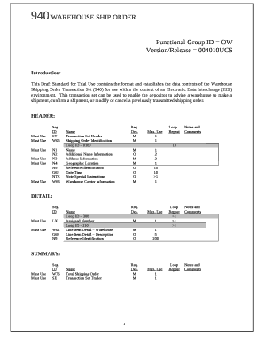 940 WAREHOUSE SHIP ORDER
