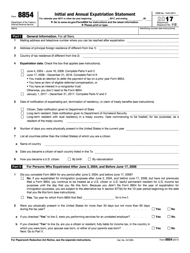 irs form 8854 2017 Preview on Page 1