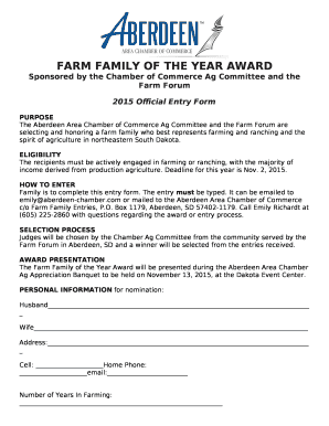 The Aberdeen Area Chamber of Commerce Ag Committee and the Farm Forum are selecting and honoring a farm family who best represents farming and ranching and the spirit of agriculture in northeastern South Dakota
