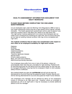 HEALTH ASSESSMENT INFORMATION DOCUMENT FOR NIGHT WORKERS