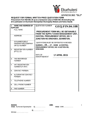 AT15H00 CENTRAL PROCUREMENT OFFICE, NO: 5 JUCTION RD, DRIEHOEK
