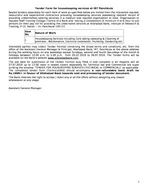 Tender Form for housekeeping services at IRT Panchkula