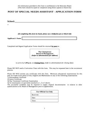 POST OF SPECIAL NEEDS ASSISTANT - APPLICATION FORM