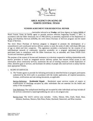 VENDOR AGREEMENT FOR RESIDENTIAL REPAIR