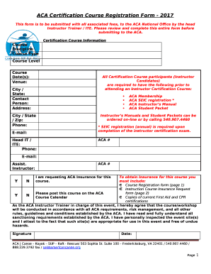 This form is to be submitted with all associated fees, to the ACA National Office by the head Instructor Trainer / ITE