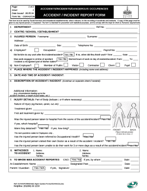 This form is to be used by Social Services and educational establishments, where relevant, for the recording of accidents and incidents