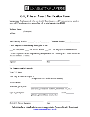 Gift, Prize or Award Verification Form