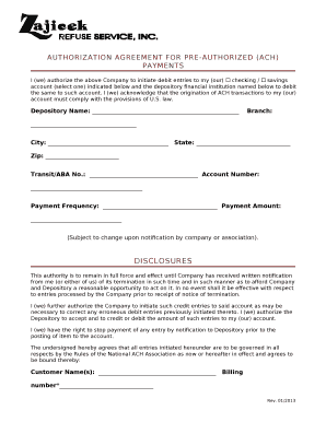 AUTHORIZATION AGREEMENT FOR PRE-AUTHORIZED (ACH) PAYMENTS