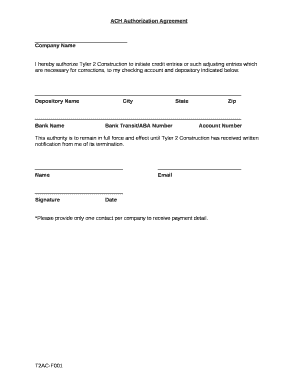 I hereby authorize Tyler 2 Construction to initiate credit entries or such adjusting entries which are necessary for corrections, to my checking account and depository indicated below