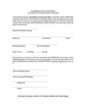 I (we) hereby authorize BALDWIN CO WATER DEPT, hereinafter called COMPANY, to initiate credit entries and to initiate, if necessary, debit entries and adjustments for any credit entries in error to my (our) account indicated below and the