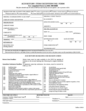 ACH RETURNITEM EXCEPTION FAXFORM