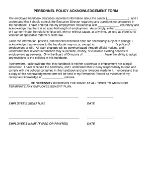 PERSONNEL POLICY ACKNOWLEDGEMENT FORM