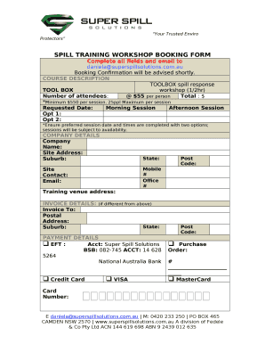 SPILL TRAINING WORKSHOP BOOKING FORM