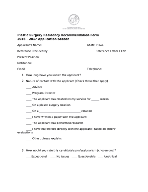 Plastic Surgery Residency Recommendation Form