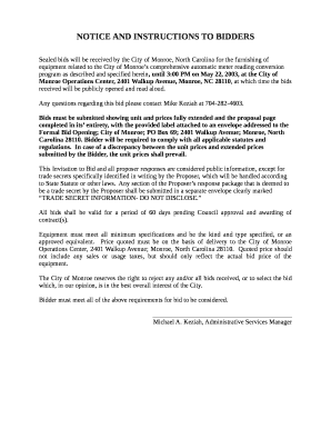 Sealed bids will be received by the City of Monroe, North Carolina for the furnishing of equipment related to the City of Monroes comprehensive automatic meter reading conversion program as described and specified herein, until 3:00 PM on