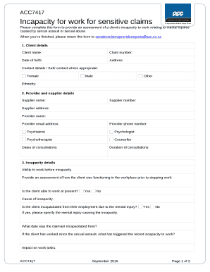 Please complete this form to provide an assessment of a clients incapacity to work relating to mental injuries caused by sexual assault or sexual abuse