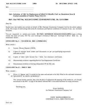Sub : InvitationofBidfor Replacement of failed Tri-Metallic Cladon Aluminium Stem & bracket assemblies of Smelter Plant, NALCO